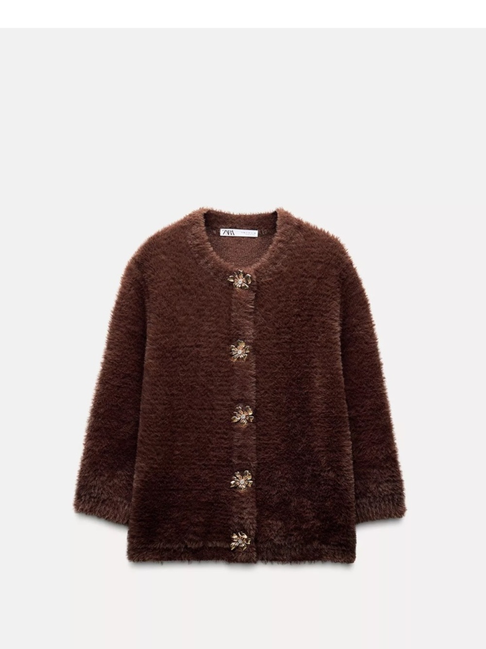 Zara Chocolate Brown Fuzzy Cardigan with Floral Gold Buttons